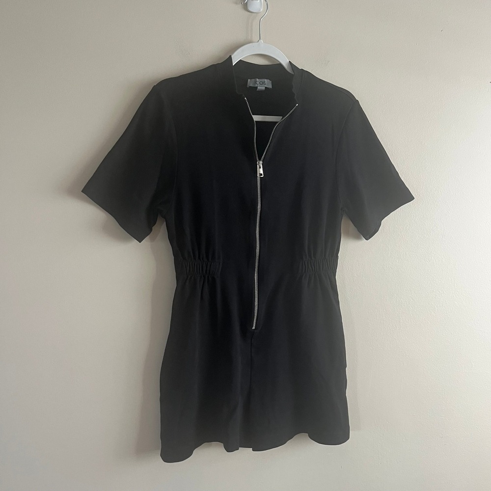 COS Black Zip Front Romper Size XS Cotton Jersey Cinched Waist Minimalist